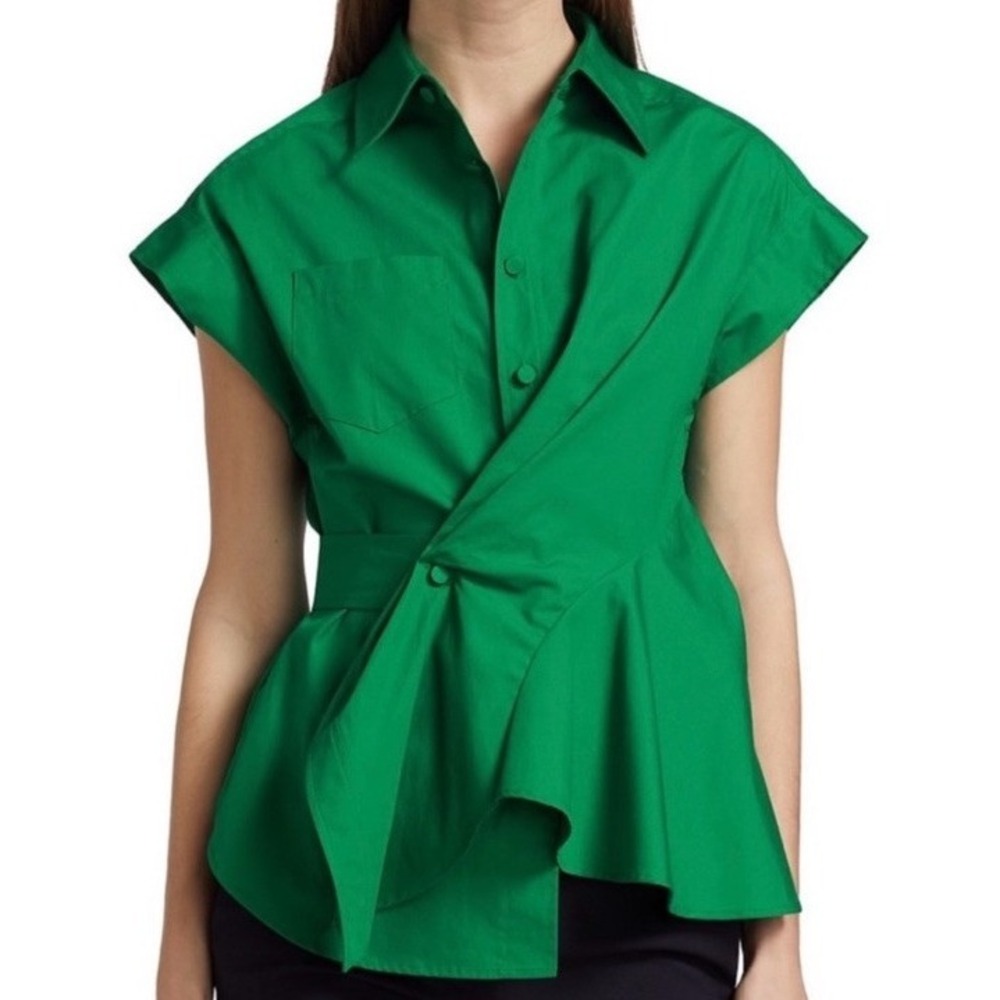 AKNVAS Stella Asymmetric Cotton Poplin Shirt White Lime XS $490 Avant Garde